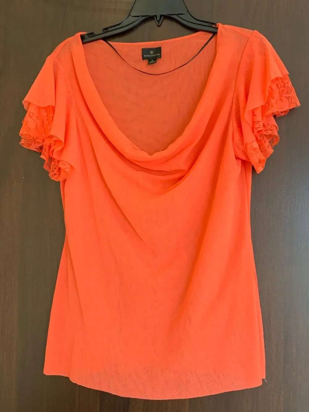 Worthington Orange Cowl Neck Blouse with Lace Flutter Short Sleeves Women L